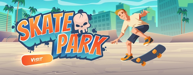 Skatepark cartoon bestemmingspagina met tiener
