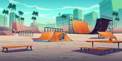 Gratis vector skatepark met hellingen in tropische stad