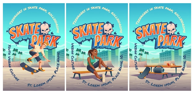 Gratis vector skatepark poster met jongen rijden op skateboard op rollerdrome. cartoon stadsgezicht met hellingen en tiener sprong op de speelplaats voor extreme sportactiviteiten.