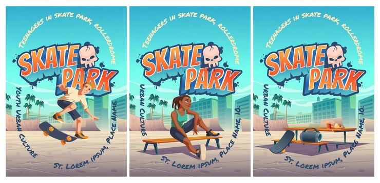 Gratis Vector skatepark poster met jongen rijden op skateboard op rollerdrome. cartoon stadsgezicht met hellingen en tiener sprong op de speelplaats voor extreme sportactiviteiten.