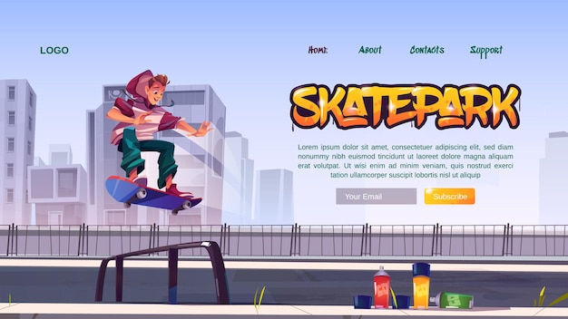 Skateparkwebsite met jongen die op skateboard op rollerdrome rijdt
