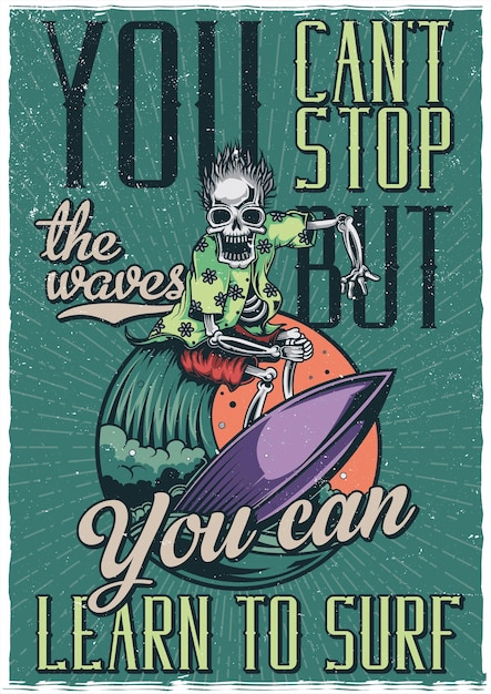 skelet op surfplank illustratie poster