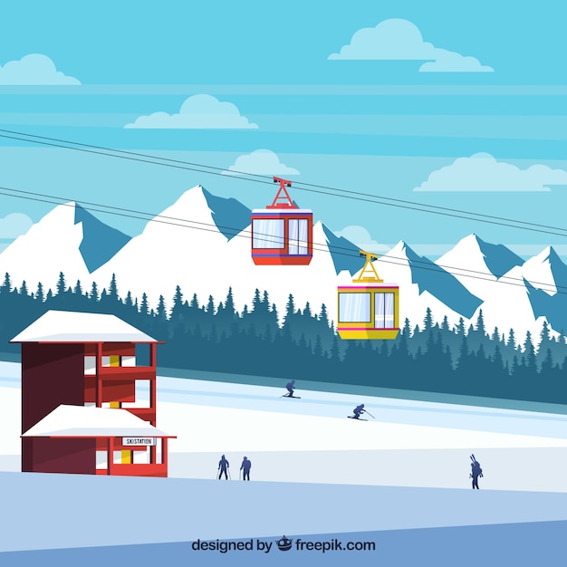 Gratis vector skistationontwerp met bergen op achtergrond