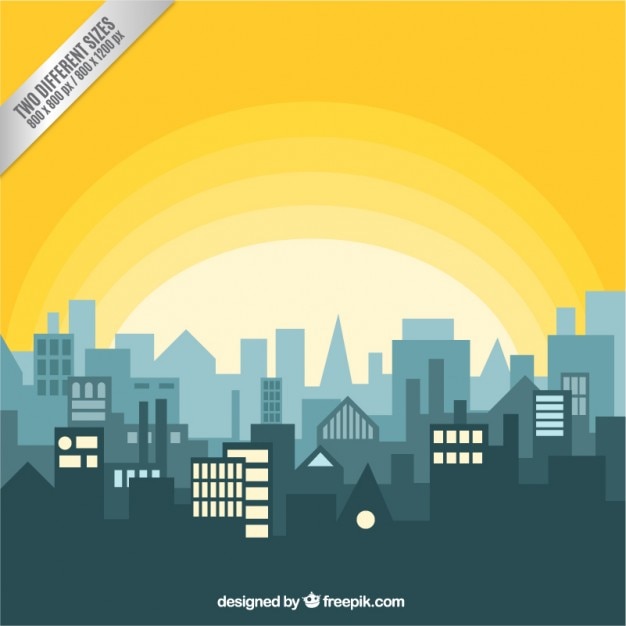 Gratis vector skyline van de stad met de zonsopgang