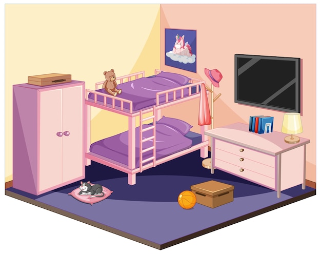 Gratis vector slaapkamer in roze kleurenthema isometrisch