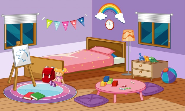 Gratis vector slaapkamer scène met bed en veel speelgoed in de kamer