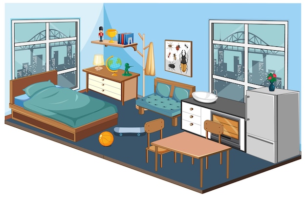 Slaapkamerinterieur met meubels en decoratie-elementen in blauw thema