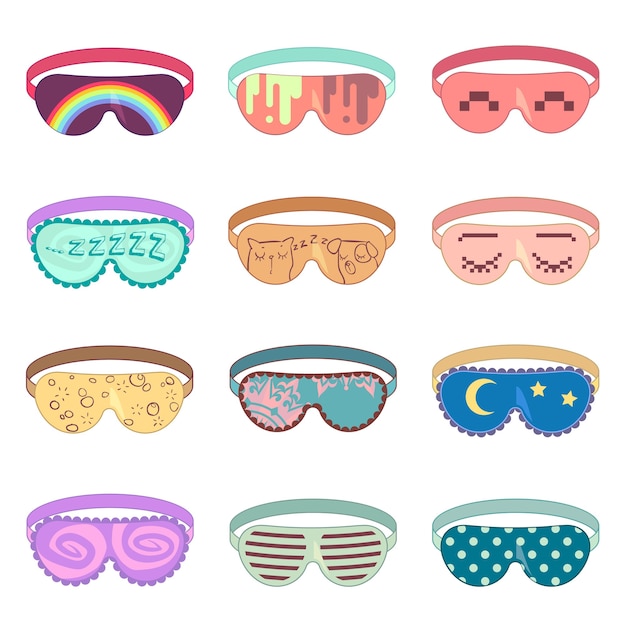 Slaapmasker vector set. beschermingsmasker, ontspanningsslaap, accessoiremasker voor ontspanning, zachte maskeroogillustratie