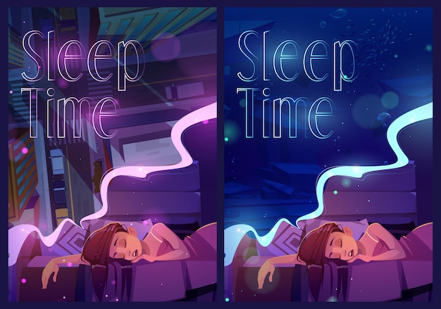 Gratis vector slaaptijd posters met vrouw dutjes en ziet dromen. vectorbanners met cartoonillustraties van meisje dat in bed onder deken slaapt, bovenaanzicht van stadsstraat en onderwaterzeeleven