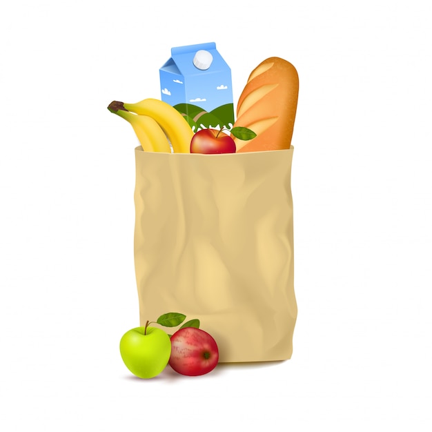 Gratis vector slanke papieren zak met supermarktproducten