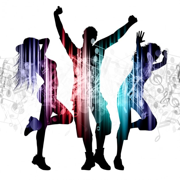 Gratis Vector slhouettes van mensen dansen op muziek merkt achtergrond