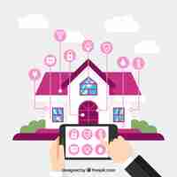 Gratis vector slim huis met smartphone-bediening