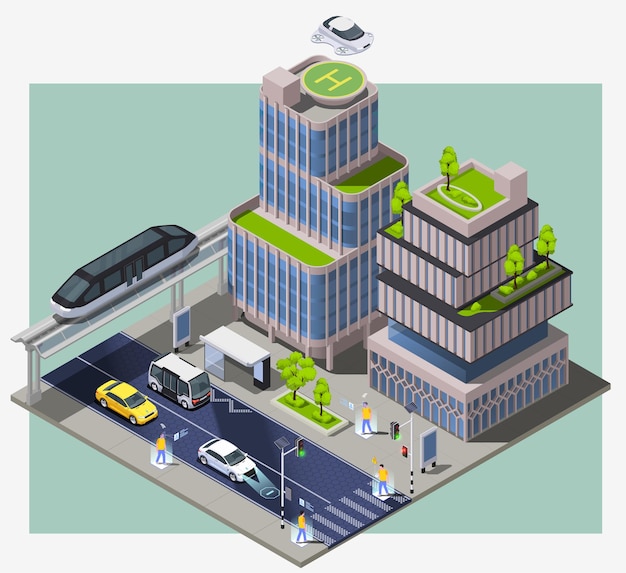 Gratis vector slimme isometrische samenstelling van stadstechnologieën met afbeelding van stadsblok met verre voertuigengebouwen en mensenillustratie