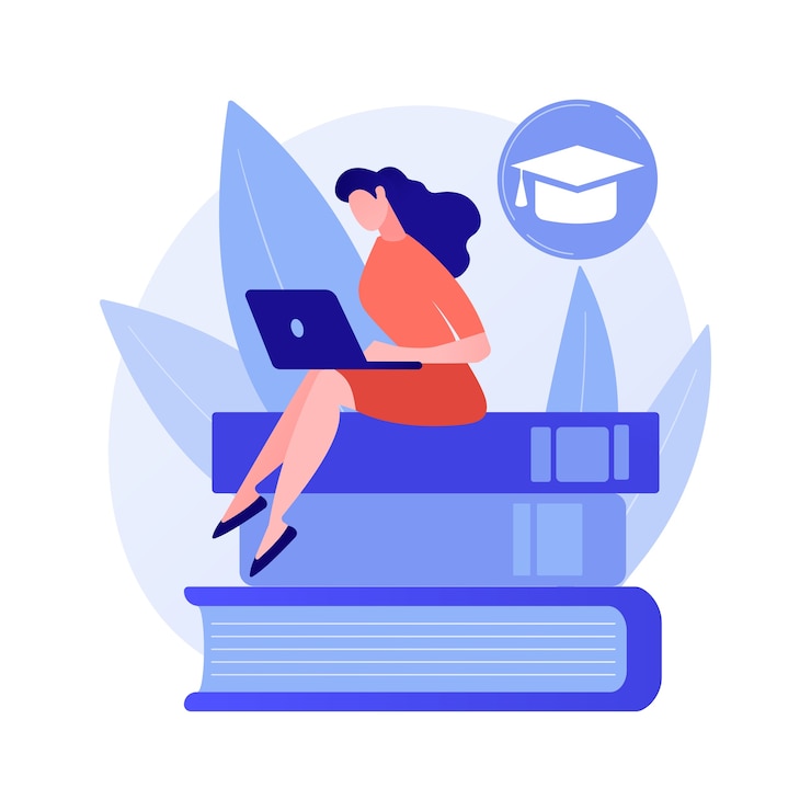 Gratis Vector slimme man, student die zich op boekenstapel met vlag bevindt. zelf leren, persoonlijke verbetering, kennisverwerving