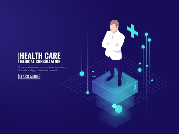 Gratis vector slimme technologie in de gezondheidszorg, doktersverblijf op het platform, online medisch consult