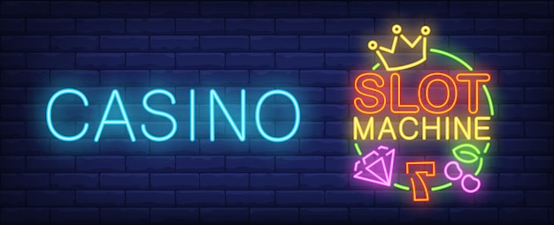 Gratis vector slotmachine neon teken. nummer zeven, diamant, kroon en kers