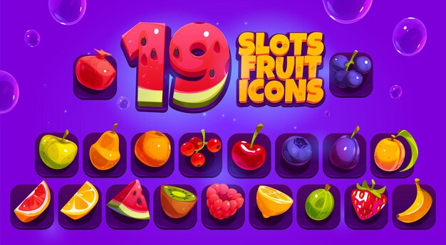 Slots fruit en bessen pictogrammen aardbei pruim perzik oranje appel en watermeloen Vector cartoon set spel voedsel symbolen framboos banaan grapefruit bessen en kersen