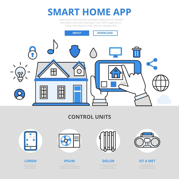 Smart home app mobiele applicatie beheren sensor lichttemperatuur verwarming waterconcept platte lijnstijl.