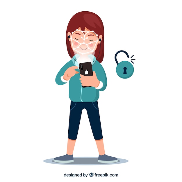 Gratis vector smartphone face id concept met vrouw