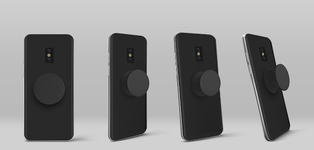 Smartphone met houder voor pop-socket aan de achterkant in verschillende hoeken. realistische sjabloon van zwarte mobiele telefoon met cirkel pop grip en standaard geïsoleerd op een grijze achtergrond