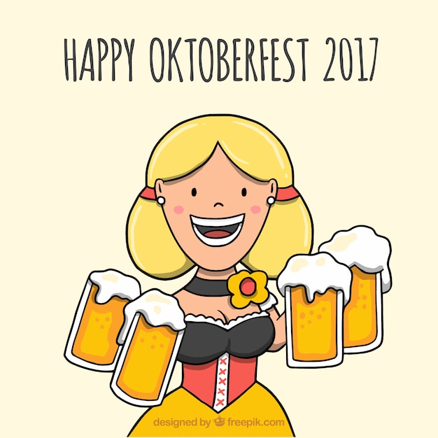 Smiley vrouw carying bier mokken in oktoberfest