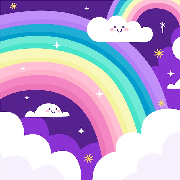 Gratis vector smileywolken en regenboog in de nacht