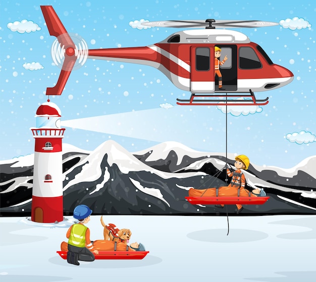 Sneeuwbergscène met redding van brandweerlieden in cartoonstijl