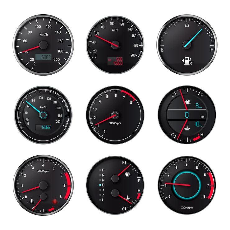 Gratis Vector snelheidsmeter realistische reeks geïsoleerde ronde pictogrammen met pijlen en cijfers met kilometerteller en brandstofmeter vectorillustratie