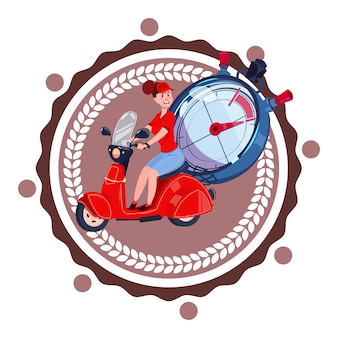 Snelle levering service logo vrouw koerier rijden retro scooter pictogram geïsoleerd