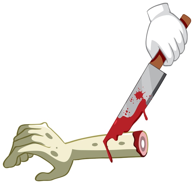 Gratis vector snijd zombie hand met mes op witte achtergrond