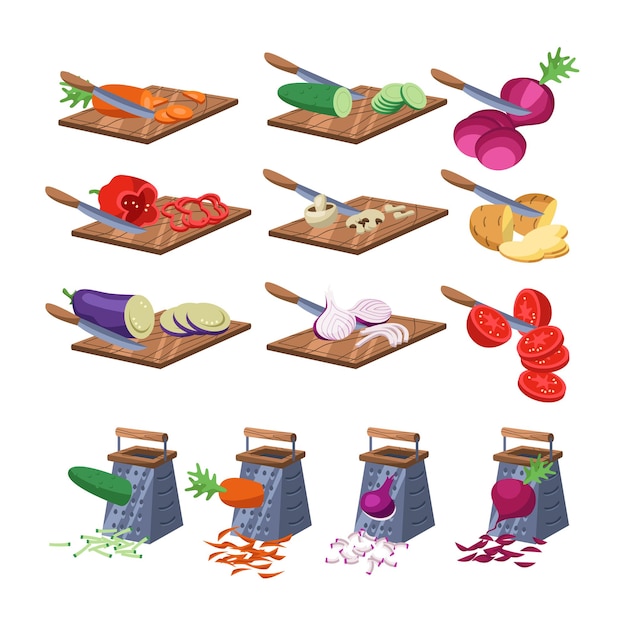 Gratis vector snijplanken en raspen vector illustraties set. producten en ingrediënten, geraspte en gesneden groenten voor het bereiden van gezonde maaltijden op witte achtergrond. voedsel, voeding, keukengerei concept