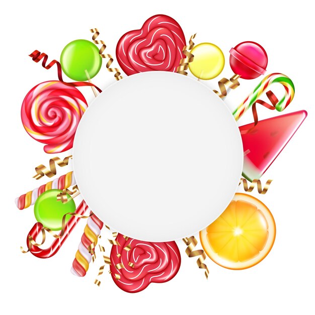 Snoepjes citrus wielen spiraal karamel bloemen wandelstokken lollies ronde frame op wit