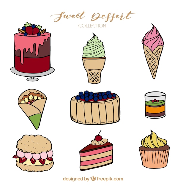 Gratis vector snoepjes desserts collectie in de hand getrokken stijl