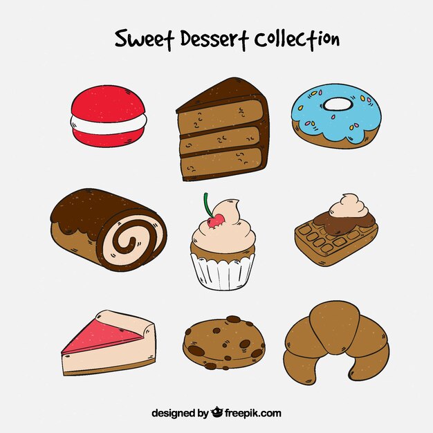 Snoepjes desserts collectie in de hand getrokken stijl