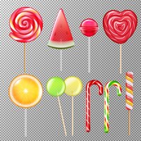 Gratis vector snoepjes lolly's verschillende smaken vormen smaken realistische set met gestreepte swirl hart riet bal transparante vectorillustratie