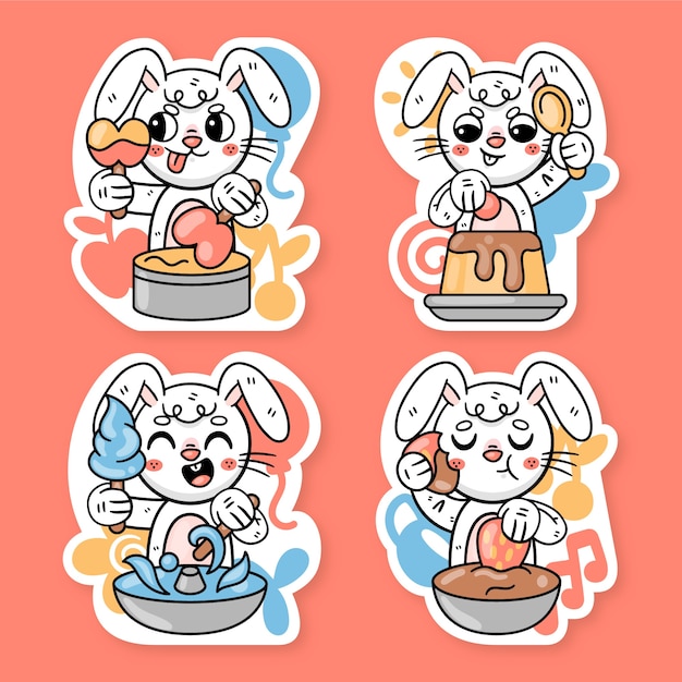 Gratis vector snoepjes stickers collectie met ronnie het konijn