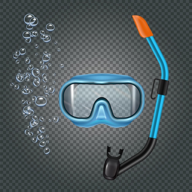 Gratis vector snorkelset met duikpuree en beademingsbuis op donker transparant met realistische bubbels