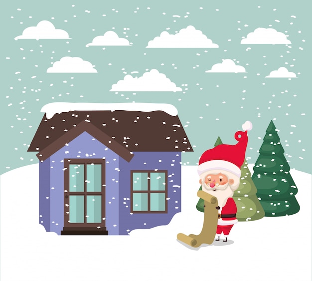 Snowscape met schattig huis en de scène van de Kerstman