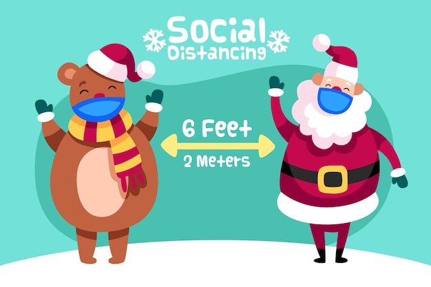 Gratis vector sociaal afstandsconcept met santa en beer