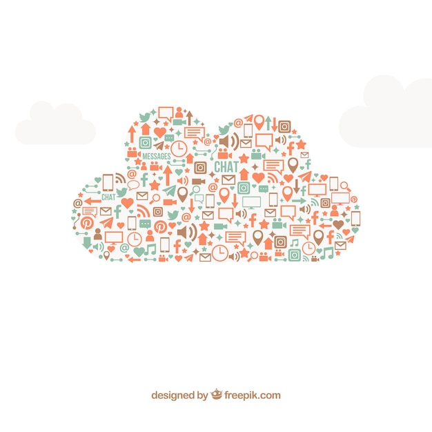 Social media-elementen in een wolkvorm in vlakke stijl