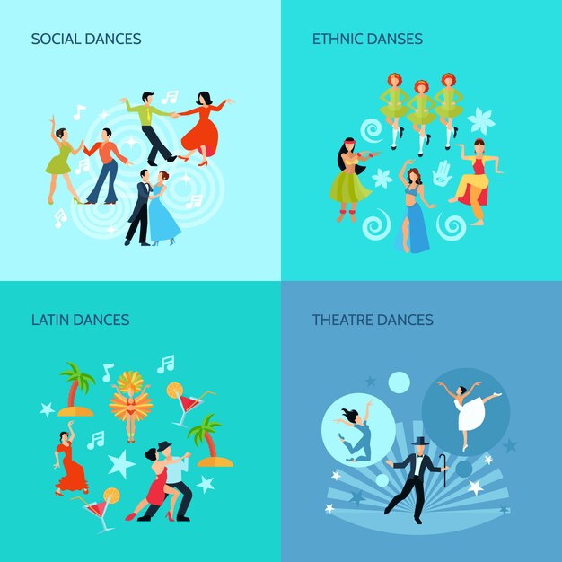 Sociale etnische latin en theater dansen vlakke stijl 4 posters concept