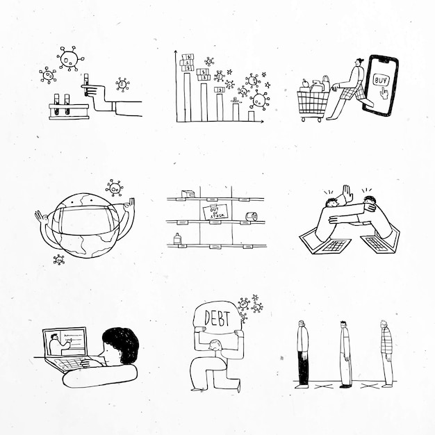 Gratis vector sociale problemen tijdens de coronaviruscrisis doodle element set vector