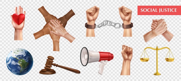 Gratis vector sociale rechtvaardigheid transparante set van menselijke vuist opgevoed in protest rechter hamer schalen globe realistische pictogrammen geïsoleerde vectorillustratie