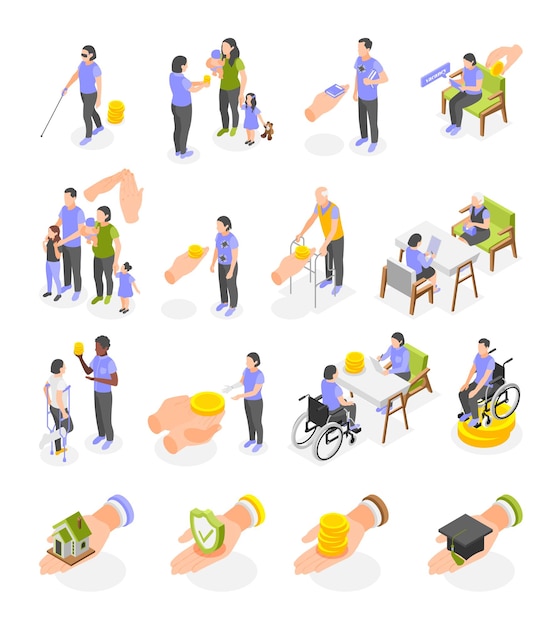 Gratis vector sociale verzekeringsuitkeringen voor gehandicapte gezinsonderwijs werkloze isometrische pictogrammen geplaatst geïsoleerde vectorillustratie