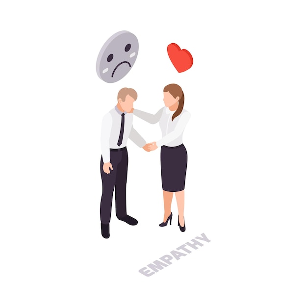 Soft skills empathie isometrisch pictogram met vrouw die haar collega kalmeert 3d