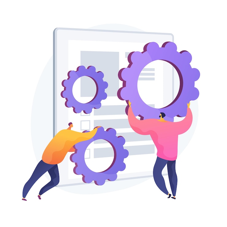 Gratis Vector software installatie. contractaanpassing, regeling van overeenkomstvoorwaarden, programma-fix. collega's met versnellingen stripfiguur. applicatie bugs. vector geïsoleerde concept metafoor illustratie