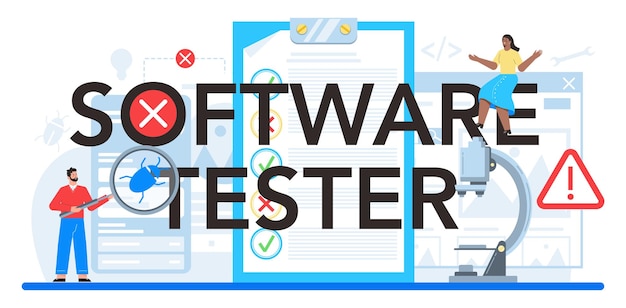 Software tester typografische header toepassing of website code testproces it-specialist op zoek naar bugs idee van computertechnologie digitale analyse platte vectorillustratie