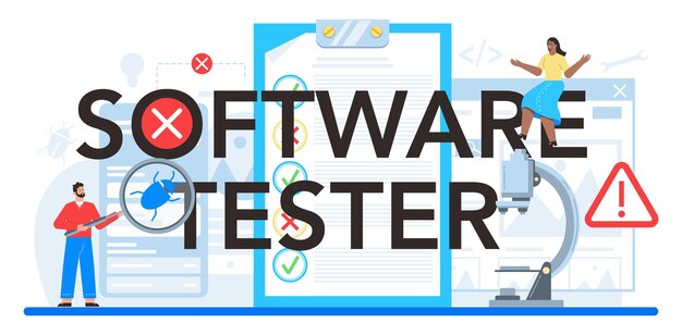 Software tester typografische header Toepassing of website code testproces IT-specialist op zoek naar bugs Idee van computertechnologie Digitale analyse Platte vectorillustratie