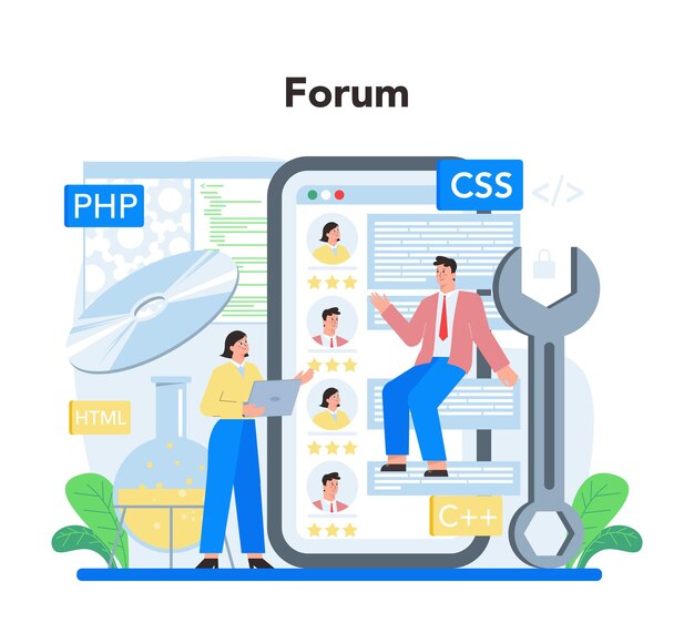 Softwareontwikkelaar online service of platform Idee van programmeren en systeemcodering Softwareontwikkelingsbedrijf Online forum Platte vectorillustratie