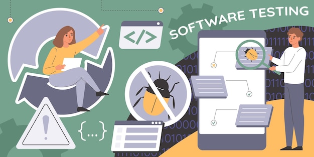 Gratis vector softwaretestcollage met platte vectorillustratie van programma- en onderhoudssymbolen